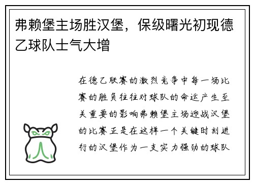 弗赖堡主场胜汉堡，保级曙光初现德乙球队士气大增