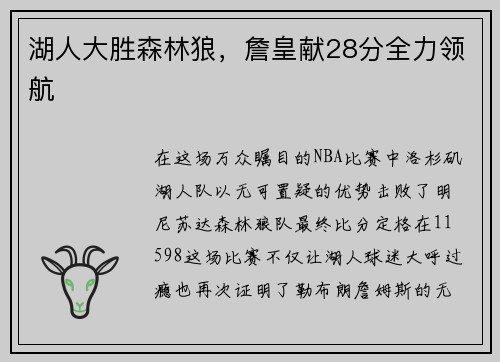 湖人大胜森林狼，詹皇献28分全力领航