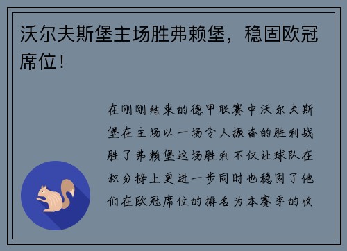 沃尔夫斯堡主场胜弗赖堡，稳固欧冠席位！