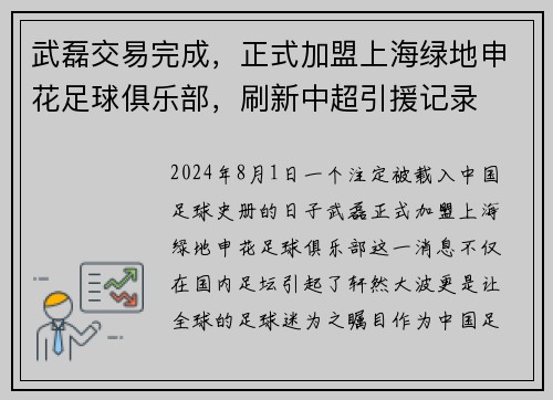 武磊交易完成，正式加盟上海绿地申花足球俱乐部，刷新中超引援记录