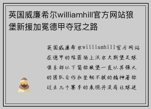 英国威廉希尔williamhill官方网站狼堡新援加冕德甲夺冠之路