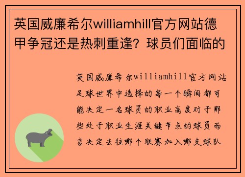 英国威廉希尔williamhill官方网站德甲争冠还是热刺重逢？球员们面临的抉择